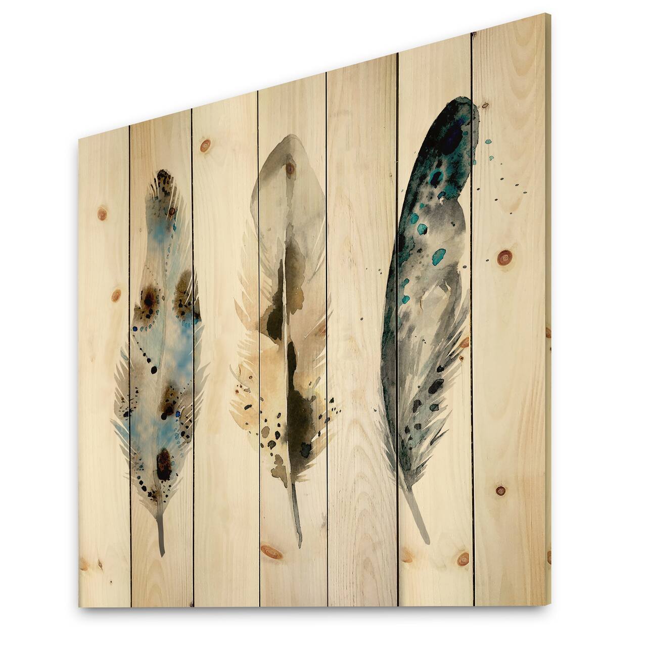 Designart - Colourful Boho Feathers V - Bohemian & Eclectic Print on Natural Pine Wood